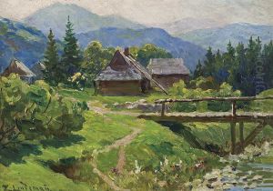 Mountain Landscape With Huts And Bridge by Emil Lindemann