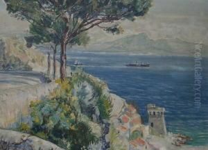 Italienische Meeresbucht. Im Mittelgrund Frachtschiff Und Segler. Unten Links Signiert Und Datiert Oi. Lindemann 33