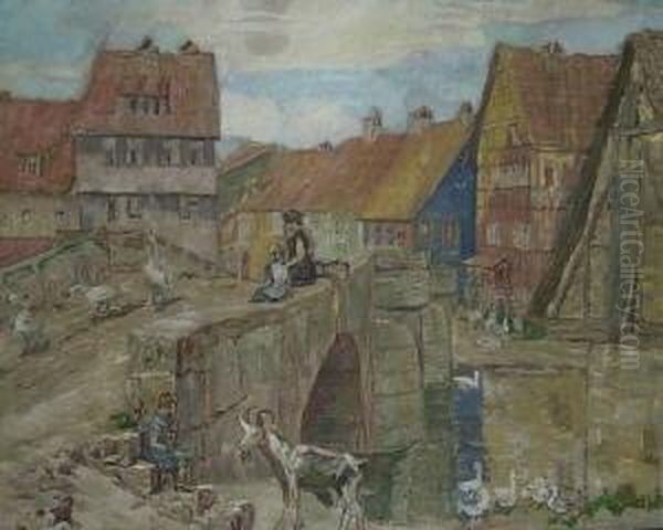 Suddeutsches Dorfidyll. Blick Auf Eine Hauserreihe. Im Vordergrund Steinbruch Mit Figuren- Und Tierstaffagen. Signiert O. Lindemann - view 1