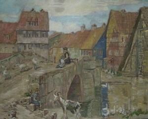 Suddeutsches Dorfidyll. Blick Auf Eine Hauserreihe. Im Vordergrund Steinbruch Mit Figuren- Und Tierstaffagen. Signiert O. Lindemann
