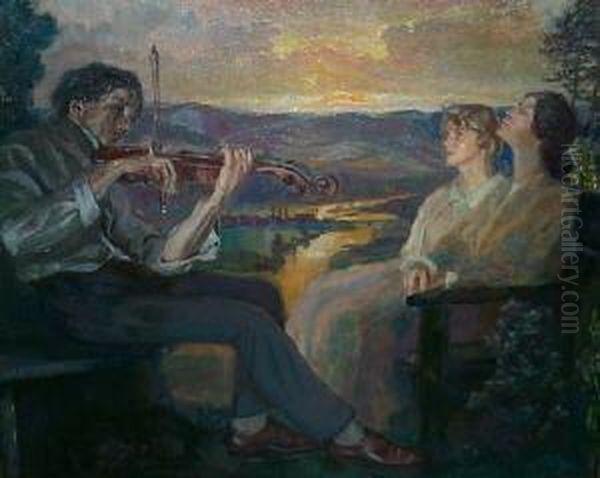 Traumereien. Bergige Landschaft. Im Tal Sich Schlangelnder Flus . Im Vordergrund Zwei Damen Auf Einer Bank Sitzend, Einem Violinisten Zuhorend. Unten Links Signiert Und Datiert O. Lindemann 1925 - view 1