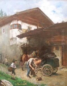 Pferdekutsche Und Personen Vor Einem Gehoft by Hermann Lindenschmit