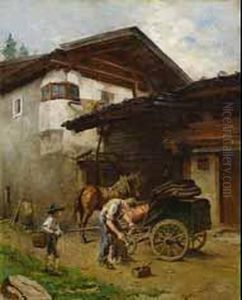 Kutsche Vor Gehoft. by Hermann Lindenschmit