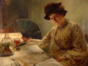 Junge Dame Mit Facher An Tisch Sitzend by Wilhelm Ii Lindenschmit