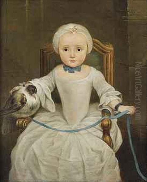 Portrait Of A Young Girl Seated, Three-quarter-length, Wearing Awhite Dress And A Bonnet, A Tame Bird Resting On The Arm Of Herchair, Tied With A Blue Ribbon - view 1
