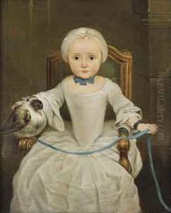 Portrait Of A Young Girl Seated, Three-quarter-length, Wearing Awhite Dress And A Bonnet, A Tame Bird Resting On The Arm Of Herchair, Tied With A Blue Ribbon by Christian Linder