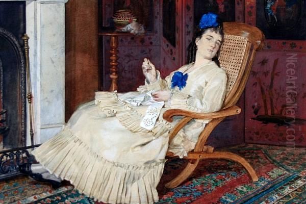 Lady Sewing At A Fireside - view 1