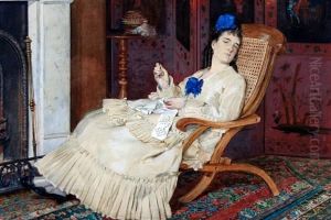 Lady Sewing At A Fireside by Philippe Jacques Linder
