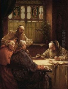 Monks And A Cardinal In A Library by Richard Linderum