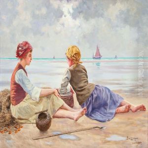 Fishing Girls On A Beach At The English Channel In France by Emil Lindgren