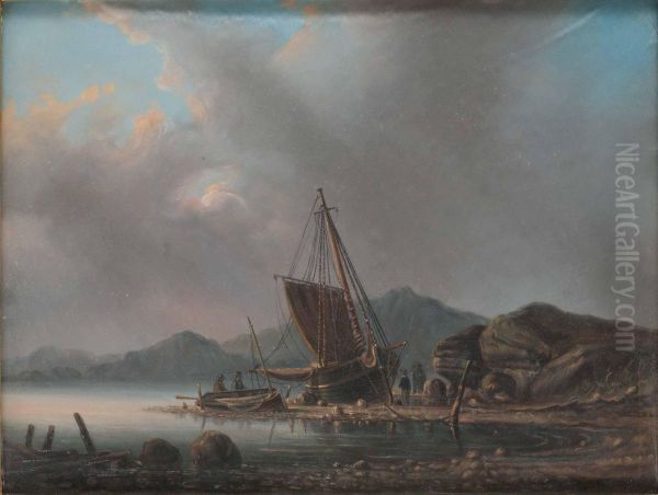Kustlandskap Med Batar Och Figurer - view 1