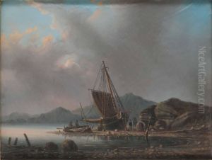 Kustlandskap Med Batar Och Figurer by Per Lindhberg