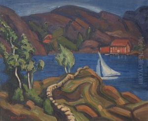 Modernist Lakeside Landscape With Sailboats And Homes by Carl Olaf Eric Lindin