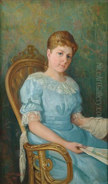 Portrait Offroken Sveu Molin Half Length Seated, Wearing A Blue Dress Andholding A Fan - view 1