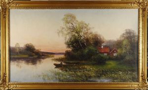 Insjolandskap Med Fiskare I Solnedgang by Axel Hjalmar Lindqvist