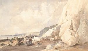 Figure With Donkey And Dog On A Beach Near Dover by Thomas Lindsay