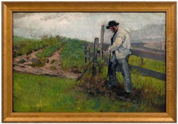 Man With Shovel By A Fence In A Landscape - view 1