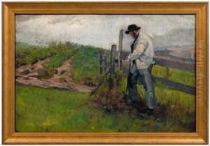 Man With Shovel By A Fence In A Landscape by Thomas Corwin Lindsay
