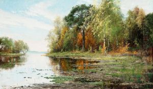 Lakeside Landscape In Autumn by Arvid Mauritz Lindstrom