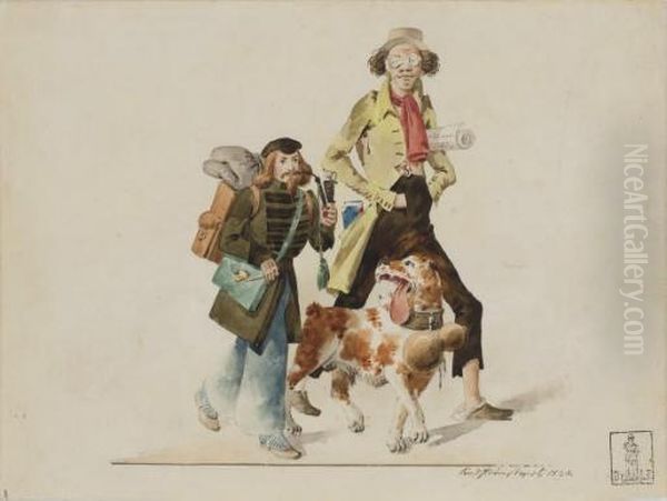 Deux Artistes Bohemiens Se Promenant Avec Un Chien; Et Une Femmeavec Un Manchon Noir Et Trois Chiens - view 1