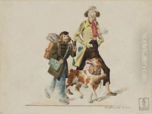 Deux Artistes Bohemiens Se Promenant Avec Un Chien; Et Une Femmeavec Un Manchon Noir Et Trois Chiens by Karl Johann Lindstrom