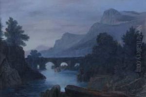 River Scene With Bridge by Henry Harris Lines