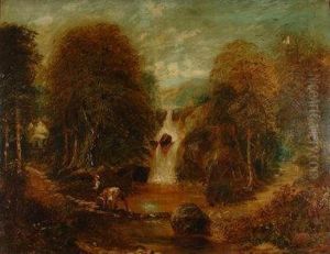 Figure And Horse On Stepping Stones Before A Waterfall