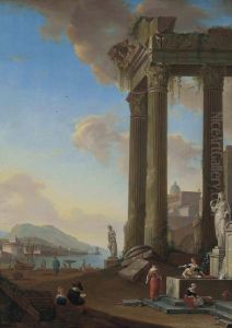 A Mediterranean Harbour Scene With Figures Before Classical Ruins by Johannes Lingelbach