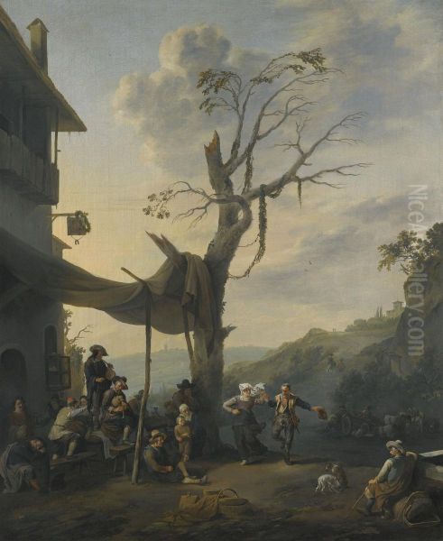 Peasants Dancing The Tarantella Outside An Inn In A Hilly Italianate Landscape - view 1
