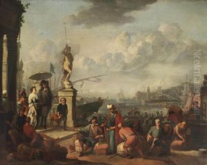 An Italianate Harbour With An Elegant Couple Promenading Near A Statue Of Neptune by Johannes Lingelbach