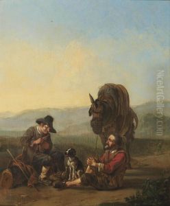 Two Travellers Reposing On A Track In An Italianate Landscape by Johannes Lingelbach