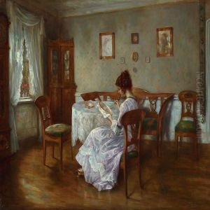 Interior With A Girl Embroidering by Otto Lingner
