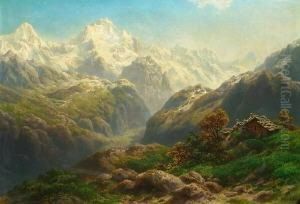 Gebirgslandschaft. Rechts, Auf Einer Anhohe, Eine Hutte. Unten Links Signiert P. Linke by Paul Rudolf Linke