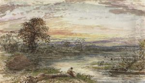 An Angler By A River At Sunset by John Linnell