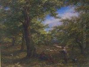 "under The Beech Tree", A Landscape With Woman And Two Childrenseated, A Shepherd With Dog In Foreground, Sheep And A Furtherfigure In The Background, Oil On Canvas, Signed, 51 X 67 Cm by William Linnell