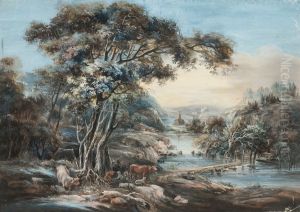 Pastoralt Landskap Med Betande Boskap, Kyrka I Fonden by Jonas Carl Linnerhjelm