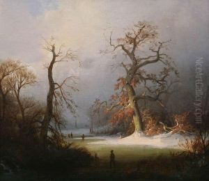 Winterlandschap Met Schaatsers Op Het Ijs by Willem Linnig