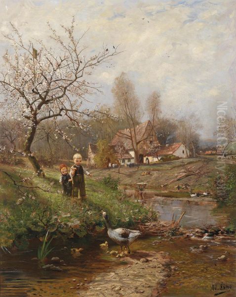 Spring Landscape With Two Children And Geese - view 1