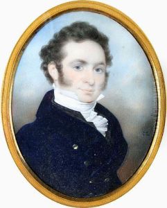 A Portrait Miniature Of A Gentleman Wearing Navy Blue Jacket And White Lace Stock