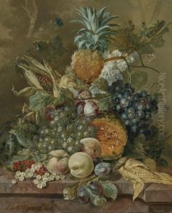 A Pineapple, Plums, Grapes And Other Fruit With Corn On A Marble Ledge