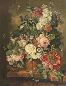 A Lily, Roses, Violets And Other Flowers In An Earthenware Vase Ona Marble Ledge With Butterflies And A Snail