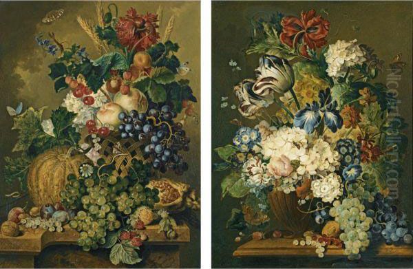 A Still Life With A Melon, A Pomegranate, Grapes, Raspberries, Peaches, Tulips, Ears Of Corn, Walnuts, A Butterfly And Other Fruit And Flowers In A Basket On A Stone Ledge - view 1