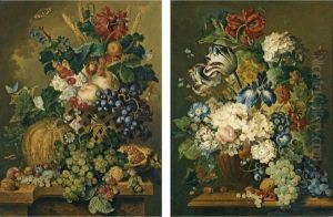 A Still Life With A Melon, A Pomegranate, Grapes, Raspberries, Peaches, Tulips, Ears Of Corn, Walnuts, A Butterfly And Other Fruit And Flowers In A Basket On A Stone Ledge by Johannes or Jacobus Linthorst