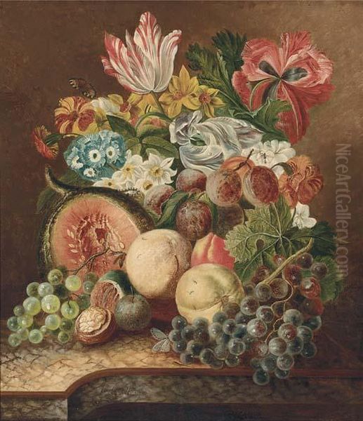 Grapes On The Vine, A Melon, Walnuts, Peaches, A Butterfly And Abunch Of Flowers On A Stone Ledge - view 1