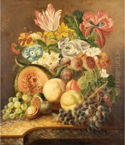 A Still Life Of Grapes, Peaches, Walnuts, Plums, And A Bouquet Various Of Flowers