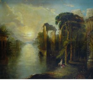 Figure In A River Landscapewith Classical Ruins