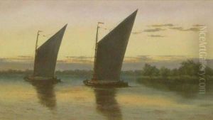 Wherries At Dusk On The Norfolk Broads by Percy Lionel
