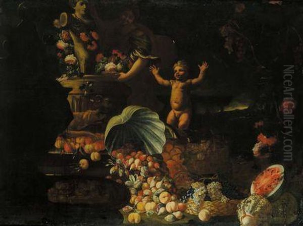 Natura Morta Con Figure, Trionfi Di Frutta E Fiori Su Sfondo Di Paesaggio - view 1