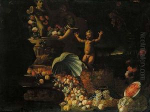 Natura Morta Con Figure, Trionfi Di Frutta E Fiori Su Sfondo Di Paesaggio