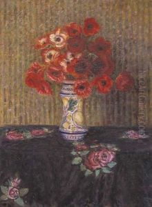 Vaso Di Anemoni Su Drappo Nero Con Rose Rosa